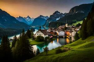 le village de Suisse à le coucher du soleil. généré par ai photo