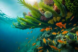 sous-marin scène avec corail et poisson. généré par ai photo