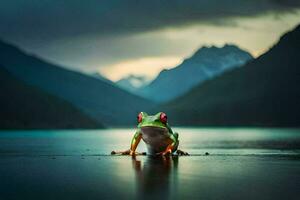 une grenouille séance sur le bord de une Lac dans de face de montagnes. généré par ai photo