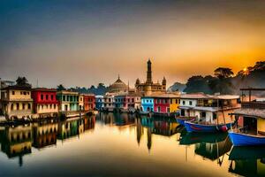 coloré Maisons sur le l'eau à le coucher du soleil. généré par ai photo