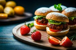petit hamburgers avec des fraises et tomates sur une en bois planche. généré par ai photo