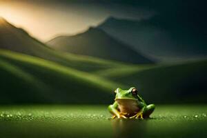 une grenouille séance sur une vert champ avec montagnes dans le Contexte. généré par ai photo