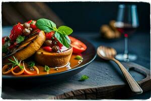 une assiette de nourriture avec des légumes et tomates. généré par ai photo