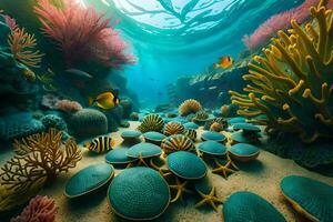 un sous-marin scène avec coraux et poisson. généré par ai photo