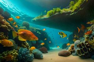 sous-marin scène avec corail récif et poisson. généré par ai photo