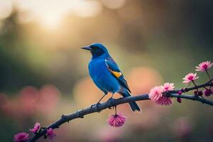 une bleu oiseau est assis sur une branche avec rose fleurs. généré par ai photo