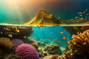 un sous-marin scène avec corail récifs et poisson. généré par ai photo