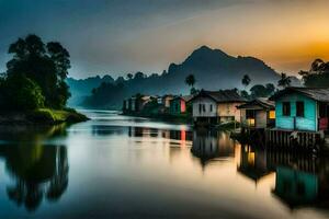 une rivière avec Maisons sur il à le coucher du soleil. généré par ai photo