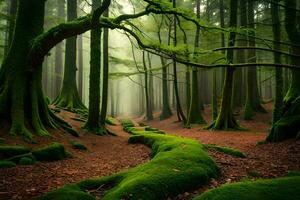 une vert forêt avec moussu des arbres et des arbres. généré par ai photo