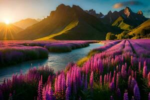 le Soleil monte plus de le lupin des champs dans le montagnes. généré par ai photo