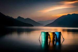 Trois seaux asseoir sur le bord de une Lac à le coucher du soleil. généré par ai photo