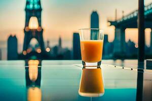 une verre de Orange jus sur une table dans de face de le Eiffel la tour. généré par ai photo