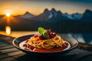 une assiette de spaghetti avec une vue de le montagnes. généré par ai photo