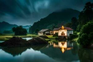 une maison est assis sur le bord de une Lac à nuit. généré par ai photo