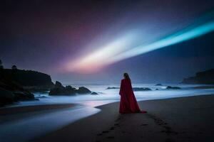 une femme dans une rouge robe des stands sur le plage à nuit. généré par ai photo