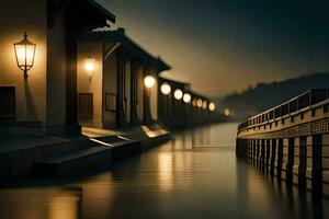 une longue rangée de Maisons le long de une rivière à nuit. généré par ai photo