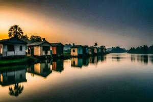 une rivière avec Maisons sur il à le coucher du soleil. généré par ai photo