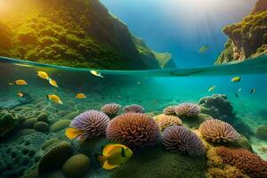 sous-marin scène avec coloré poisson et corail récifs. généré par ai photo