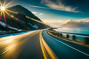 une Autoroute avec le Soleil brillant sur il. généré par ai photo