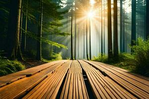 en bois chemin dans le forêt avec Soleil brillant à travers. généré par ai photo