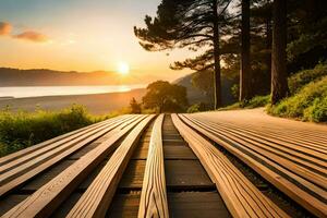 une en bois passerelle pistes à le le coucher du soleil. généré par ai photo