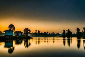 une Lac avec Maisons et des arbres à le coucher du soleil. généré par ai photo