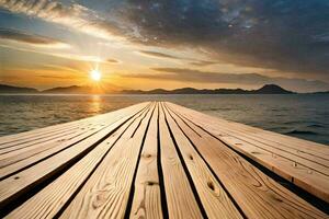 une en bois Dock s'étire en dehors dans le océan à le coucher du soleil. généré par ai photo