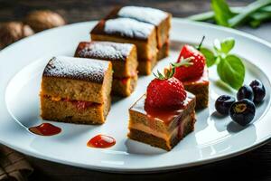 une assiette avec quatre pièces de gâteau sur il. généré par ai photo