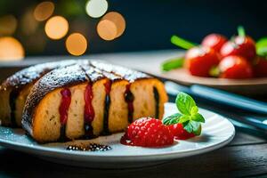 une tranche de gâteau avec baies et menthe sur une plaque. généré par ai photo