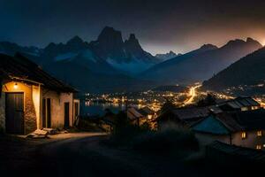 une village dans le montagnes à nuit. généré par ai photo