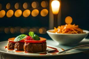 une assiette avec une steak et une fraise sur il. généré par ai photo