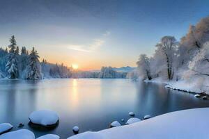 photo fond d'écran le ciel, des arbres, lac, neige, des arbres, hiver, le soleil, l'hiver. généré par ai