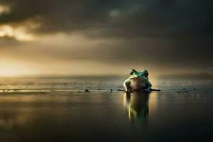 une grenouille séance sur le plage à le coucher du soleil. généré par ai photo