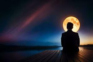 une homme séance sur une Dock à la recherche à le plein lune. généré par ai photo