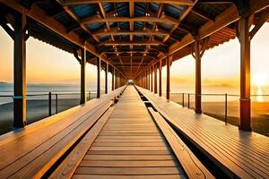 une longue en bois passerelle pistes à le plage à le coucher du soleil. généré par ai photo