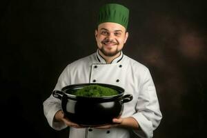 souriant Masculin chef avec plein cuisine pot. produire ai photo