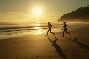 les athlètes fonctionnement sur le lever du soleil lumière du soleil en bord de mer doubler. produire ai photo