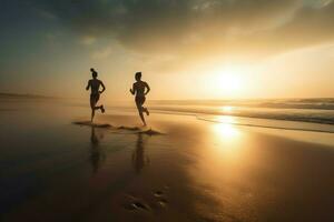 les athlètes le jogging sur le le coucher du soleil plage voir. produire ai photo