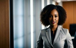 une femme dans une affaires costume permanent dans un bureau, ai génératif photo