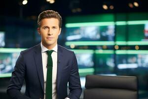 Masculin télévision présentateur. des sports commentateur, de premier plan des sports la télé nouvelles. ai génératif photo