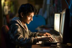 Indien adolescent est travail à une ordinateur. Indien étudiant en train d'étudier en ligne. ai génératif photo