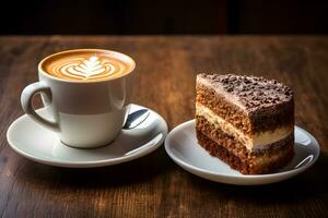 une tasse de délicieux café et une pièce de gâteau sur le table dans une confortable ville café. ai génératif photo