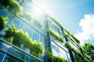 respectueux de la nature bâtiment dans le moderne ville. durable verre Bureau bâtiment avec arbre pour réduire carbone dioxyde. Bureau bâtiment avec vert environnement. entreprise bâtiment réduire co2. génératif ai photo