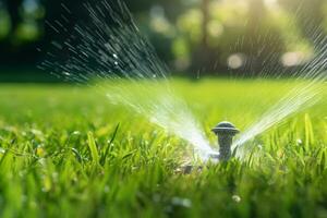 automatique pelouse arroseur arrosage vert herbe. arroseur avec automatique système. jardin irrigation système arrosage pelouse. l'eau économie ou l'eau préservation de arroseur système. génératif ai. photo