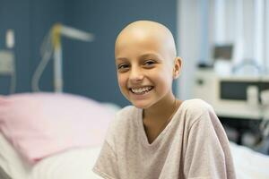 content cancer patient. souriant fille après chimiothérapie traitement à hôpital oncologie département. leucémie cancer récupération. cancer survivant. portrait de une souriant chauve mignonne adolescent fille. génératif ai. photo