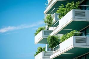 respectueux de la nature bâtiment dans le moderne ville. durable verre Bureau bâtiment avec arbre pour réduire carbone dioxyde. Bureau bâtiment avec vert environnement. entreprise bâtiment réduire co2. génératif ai photo