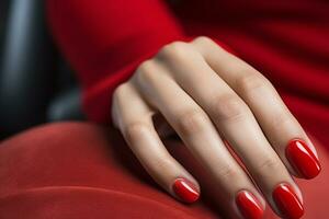 charme femme main avec classique rouge clou polonais sur sa les ongles. rouge clou manucure avec gel polonais à luxe beauté salon. clou art et conception. femelle main modèle. français manucure. génératif ai. photo