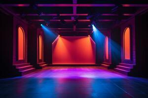 théâtre étape lumière Contexte avec projecteur illuminé le étape pour opéra performance. étape éclairage. vide étape avec brillant couleurs toile de fond décoration. divertissement montrer. génératif ai. photo