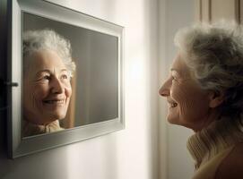 souriant Sénior femme à la recherche à le miroir. ai généré photo