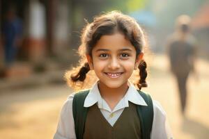 une souriant Indien écolière dans le ensoleillé Matin. ai généré photo